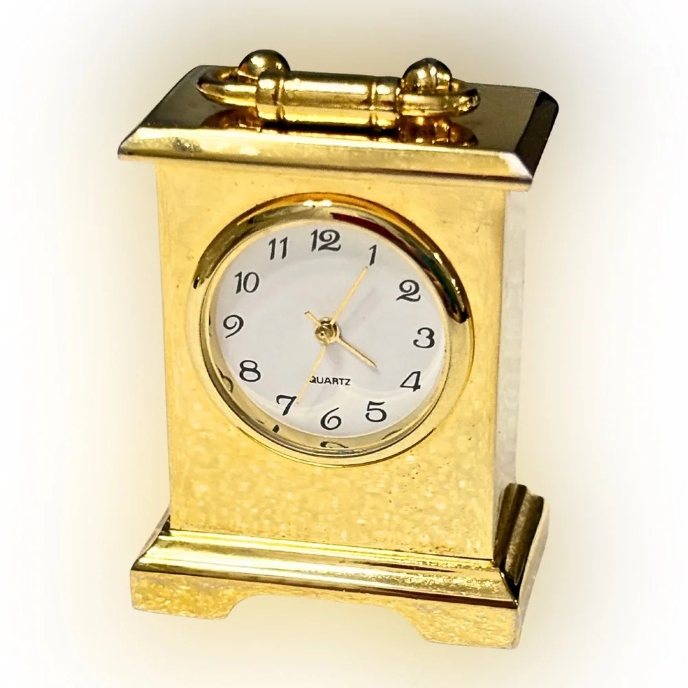 Miniature Clock Gold White Face Black Numerals Desk Table Decor Vintage Inspired
